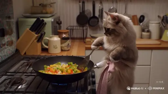 一只可爱的猫咪系着围裙在厨房炒菜，一边炒一边忍不住用锅铲偷吃几口 by Hailuo AI Video Generator