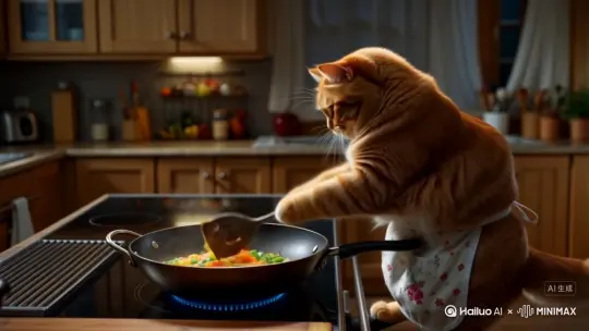 一只胖嘟嘟的大橘猫系着围裙在厨房炒菜，一边炒一边忍不住用锅铲偷吃几口 by Hailuo AI Video Generator