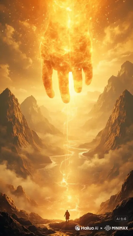 手掌从天空落下，周围空气浓重，下面的小人举起双手奋力抵挡，并形成一个空气保护罩。 by Hailuo AI Video Generator