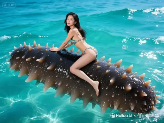 美女骑着海参向前方疯狂飞驰，剧烈颠簸，美女上下翻飞，把持不住，海参尾部向后喷射水柱，动作符合逻辑，镜头跟随 by Hailuo AI Video Generator