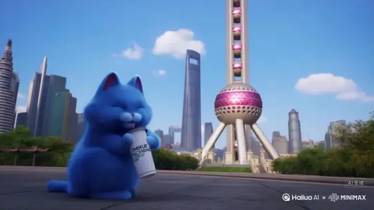 一只蓝猫走到上海在东方明珠下喝蜜雪冰城，东方明珠变成防御塔攻击蓝猫 by Hailuo AI Video Generator