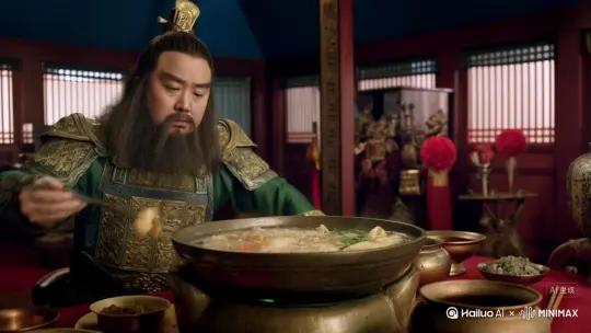 关羽在吃火锅的时候突然穿越到现代和中国人民庆祝胜利，并且学会了制造原子弹返回三国炸死了曹操和袁绍 by Hailuo AI Video Generator