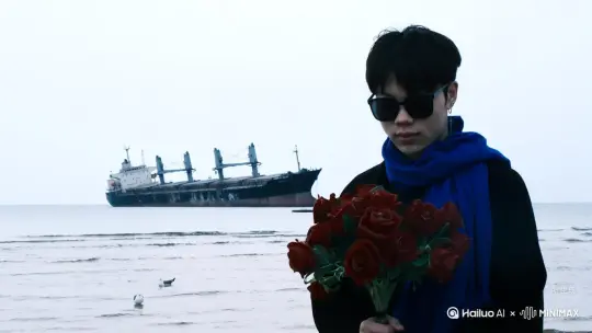 帮我生成一个视频：让图片中的场景动起来，人物变成无数红色颗粒消失在视频中，向右吹走，原比例。比例 16:9，时长 5s，模型 高品质 by Hailuo AI Video Generator
