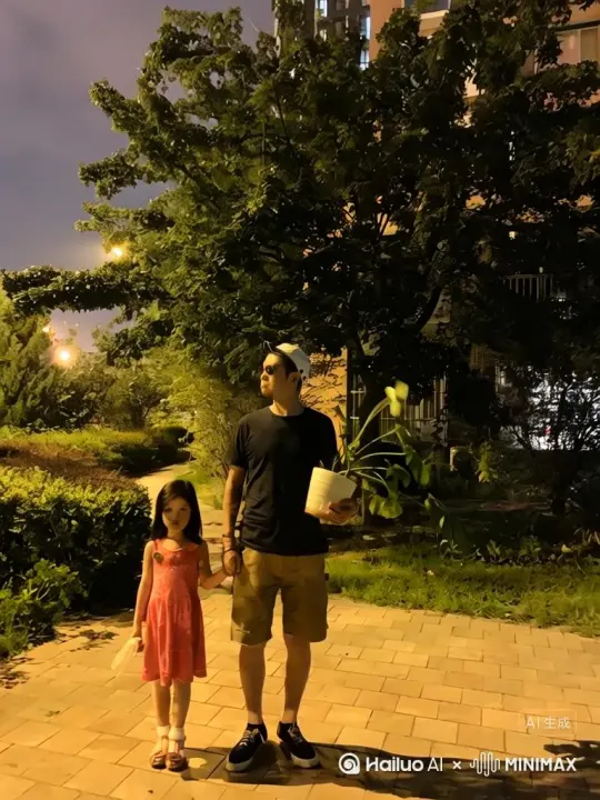 [左移,推进,右摇][跟随][右移,跟随]从山上走来一对父女 周围的人都好奇的看着他俩，突然这对父女把手中的花变成一把手枪 腾空跃起 摇身一变成为了一对杀手 消失在人群中  时长在1分钟  请配上符合画面情景的背景音乐 包括动作的音效 by Hailuo AI Video Generator