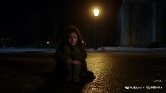 路灯下，卖火柴的小女孩抱住大腿坐着，忧伤的留下眼泪，超高清人像摄影 by Hailuo AI Video Generator