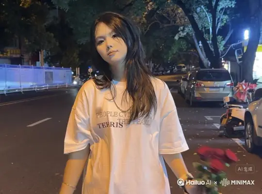 一阵风向画面右上侧吹过->主体人物保持位置不变，不要改变人物的肢体动作，也不要人物变形>从身体左侧开始快速分解消散，消失不见，此过程人物身体不要收缩，化为一团玫瑰花瓣，迅速占据画面的二分之一。此时，花瓣逐渐向画面右上方扩散花瓣不要往地上掉落->（1-2s）浓密的红色花瓣在微风轻拂下，缓缓朝着画面右上侧扩散，扩散速度不要太快。->（2-4s)红色花瓣继续向右上方扩散，不要往地上掉落。（4 - 5s）画面定格背景不变。 by Hailuo AI Video Generator