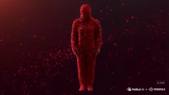 主体人物身上变出一大团微小深红色花瓣，花瓣向外爆炸式扩散，主体人物身体随之从四肢开始逐渐瓦解，化作无数红色粒子轻盈飘散，最终人物完全消散在漫天飞舞的花瓣中，人物完全消失，写实风格，电影光效 by Hailuo AI Video Generator