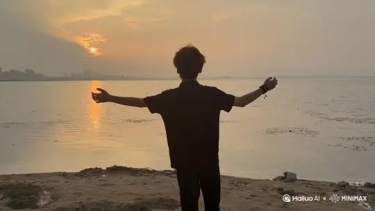 帮物生成一个视频：让图片中的场景动起来，人物变成无数次红色颗粒消失在视频中，向右吹走，原比例，比例16:9。时长5秒。模型高品质。 by Hailuo AI Video Generator