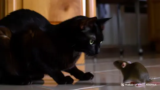 一只猫与老鼠对置，猫忽然发起进攻，老鼠被猫咬在嘴里，痛苦求饶！ by Hailuo AI Video Generator