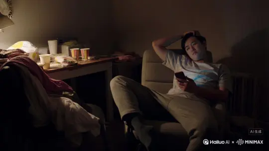 在杂乱的租房里，A坐在椅子上浏览招聘信息	疲惫	仰靠在椅子上，上下翻动手机界面	台词：哎，怎么找个工作这么难啊，符合条件的不是工资低就是996
A叹气，准备放下手机	疲惫	叹气，然后准备放下手机	A收到提醒后，从后仰改为正坐，发出惊呼	震惊	点击屏幕后，正坐并发出惊呼	哇，这个岗位没有工作经验要求，月薪过万，有五险一金还有年终分红。
A看着手机沉思	疑虑	抚摸下巴并继续翻动手机	这条件也太好了吧，薪资待遇这么高，还有各种员工福利，真的假的？
A通过平台向虚假招聘HR发送了简历	呼吸急促	点击屏幕	不管了，投了再说。 by Hailuo AI Video Generator