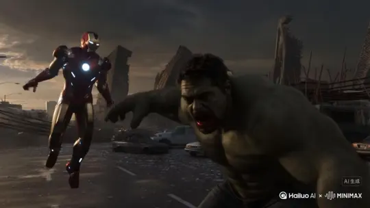漫威电影宇宙（MCU）风格，超高精度 8K 渲染，钢铁侠与绿巨人在被战火蹂躏的都市核心区展开生死对决 —— 破碎的摩天楼残骸倾斜成 45 度角，断裂的高架桥悬垂着钢筋，暗金色的黄昏光线穿透硝烟，在满地玻璃碎片上折射出刺目光斑。
远程交火阶段：钢铁侠 MK85 战甲通体流光，肩部导弹舱弹出 6 枚微型穿甲弹，呈扇形齐射绿巨人胸膛，弹头命中瞬间爆发出橙红色火球，冲击波掀起直径 10 米的环形气浪，将周围废弃汽车掀飞 3 层楼高；绿巨人怒吼着用花岗岩般的手臂格挡，弹片在他墨绿色皮肤表面擦出火星，却只留下浅淡白痕。钢铁侠悬停于 20 米高空，掌心炮凝聚幽蓝色能量束，连续三次击中绿巨人膝盖关节，每次命中都炸开半米高的能量涟漪，迫使绿巨人单膝跪倒在龟裂的柏油路上，砸出直径 3 米的深坑。
近身格斗爆发：绿巨人猛地抓起身旁翻倒的公交车，像挥舞玩具般朝钢铁侠横扫，钢铁侠启动推进器侧身闪避，公交车擦着他的肩甲飞过，撞进后方百货大楼的玻璃幕墙，迸溅出数万片晶体碎片。钢铁侠顺势俯冲，左臂弹出高频振动刃，直劈绿巨人脖颈，却被绿巨人单手攥住手腕 —— 金属与肌肉的碰撞迸出刺眼火花，绿巨人的指节因发力而发白，钢铁侠的装甲连接处渗出液压油。绿巨人怒吼着将钢铁侠甩向地面，钢铁侠在接触地面的瞬间启动反推，双脚喷射出两道蓝色火焰，硬生生稳住身形，同时右腿弹出隐藏式火箭靴，一脚踹在绿巨人下颌，将其踹得仰头后退，撞断三根路灯杆。
画面细节充满动感：钢铁侠面罩下的托尼・斯塔克眉头紧蹙，瞳孔反射着爆炸火光；绿巨人的瞳孔因愤怒而收缩，嘴角挂着涎水与血丝；战甲表面的每一块合金板都在运动中呈现金属拉丝质感，绿巨人的皮肤下可见贲张的血管；背景中不断有建筑碎片坠落，扬起的粉尘在光束中形成明显的丁达尔效应，远处的消防车警灯与爆炸的火光交替闪烁，构成红蓝交织的混乱光效。
特效达到极致：导弹爆炸的火球呈现分层燃烧效果，核心为白炽色，外层是橙红色火舌；能量束击中物体时产生量子涟漪般的空间扭曲；钢铁侠推进器的尾焰带有超音速马赫环；绿巨人每次挥拳都伴随空气被压缩的冲击波可视化效果，呈现半透明的环形波纹。整体画面采用手持摄影般的晃动运镜感，特写镜头突出金属碰撞的质感与肌肉贲张的张力，全景镜头展现城市废墟中两人对决的史诗级破坏规模，动态模糊与 motion blur 恰到好处地强化了动作的速度感。 by Hailuo AI Video Generator