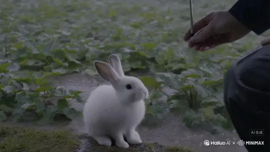 把伞递给小兔子，小兔子拿过伞撑起来挡雨，并向手的方向点点头 by Hailuo AI Video Generator