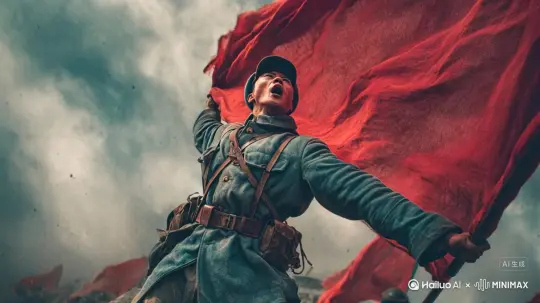 The camera rotates as a warrior waves a flag, with towering flames and explosions lighting up the background.[下降,变焦推进] by Hailuo AI Video Generator