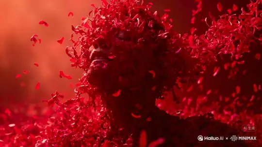 The character is transformed into a large cluster of tiny deep red petals, which explode outwardly from the body. Gradually, starting from the limbs, the character disintegrates into countless red petals and gently disperses. Eventually, the character com by Hailuo AI Video Generator