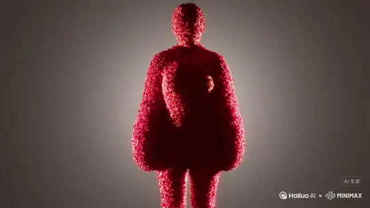 主体人物身上变出一大团微小深红色花瓣，花瓣向外爆炸式扩散主体人物身体，随之从四肢开始逐渐瓦解，化作无数红色粒子轻盈飘散，最终人物完全消失在漫天飞舞的花瓣中，人物完全消失，写实风格电影光效 by Hailuo AI Video Generator