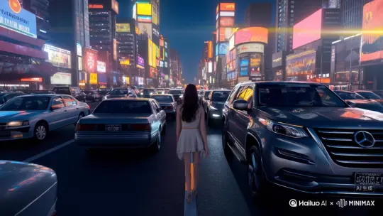 中国漂亮女孩，走在繁华的街道，化做贝壳飘向空中，变化成一个老鹰飞到外太空，老鹰变成飞船，穿梭到银河系 by Hailuo AI Video Generator