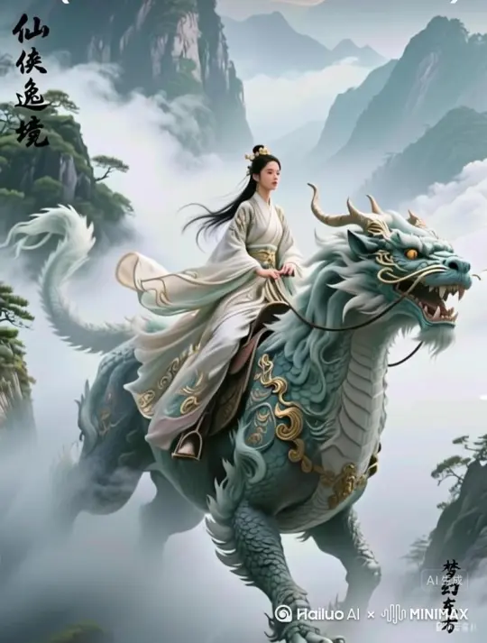 女子骑着异兽衣服随风飘荡，异兽迈着威武的步伐，缓慢的行进[右摇,变焦推进] by Hailuo AI Video Generator