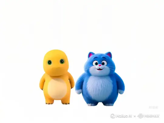 秋天的森林公园，蓝猫在说话，黄色龙拿出一个红色爱心在开心的笑 by Hailuo AI Video Generator