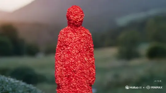 帮我生成一个视频：让图片中的场景动起来 人物变成无数红色花瓣消失在视频中 向右吹走 原比例 比例 16:9 时长 5s 模型 高品质 by Hailuo AI Video Generator
