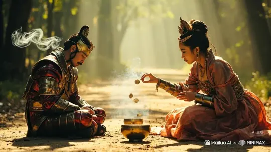 硬币投入碗中，升起一阵烟，变出一个胖嘟嘟的阿拉丁神灯精灵。[推进,上升] by Hailuo AI Video Generator