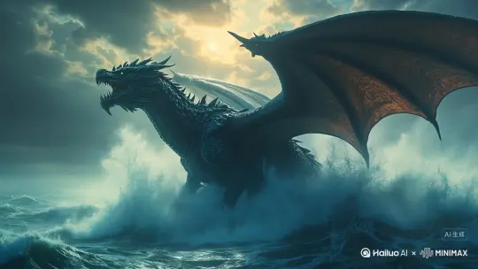 巨龙从海中升起的特写镜头，震撼视觉特效，电影级画面 by Hailuo AI Video Generator
