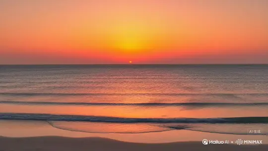 “夕阳下的海边晚霞，橙粉色霞光铺满天空与海面，海浪温柔拍打着沙滩，微风拂过带着咸湿气息，镜头从远方海平面缓缓拉近，聚焦于晚霞与海的交融处，整体画面温暖治愈，传递出‘喜欢晚霞、喜欢海、喜欢浪漫’的温柔情绪，色调偏暖色系，光影柔和有氛围感” by Hailuo AI Video Generator