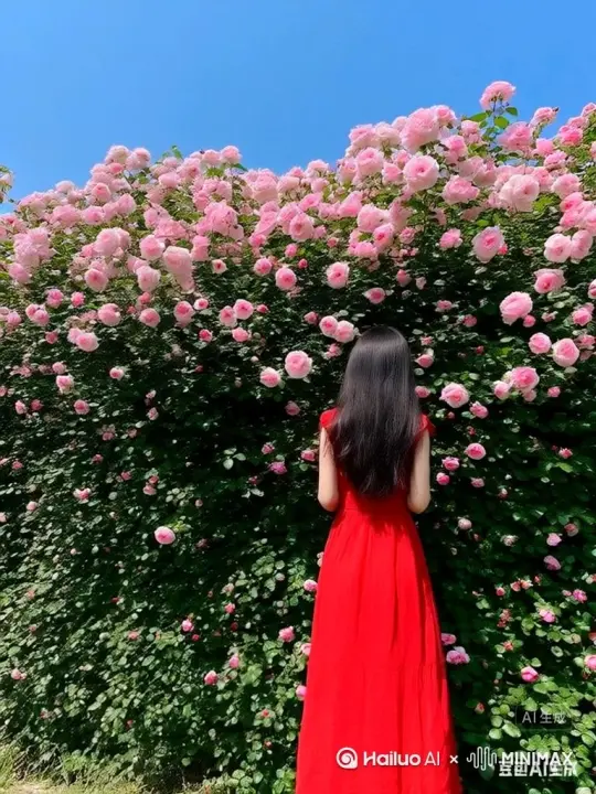 让图片动起来  主体人物变出一大团粒子红色花瓣，花瓣向外爆炸式扩散，主体人物身体随之从四肢开始逐渐瓦解，化作无数红色粒子飞扬飘散，最终人物完全消散在漫天飞舞的花瓣中，人物完全消失 by Hailuo AI Video Generator