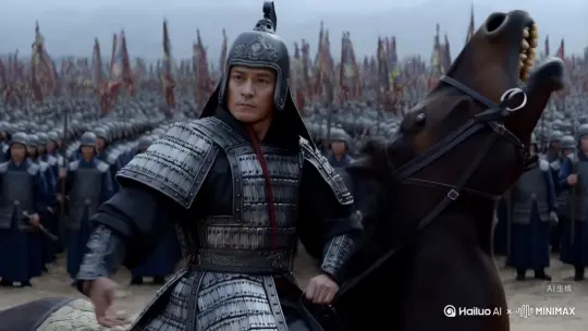 以一个英武的中国唐代元帅形象，身着盔甲，骑在嘶鸣的马背上，对身后的士兵高喊着：“犯我盛唐者，虽远必诛，杀杀杀！”,采用跟随运镜 by Hailuo AI Video Generator