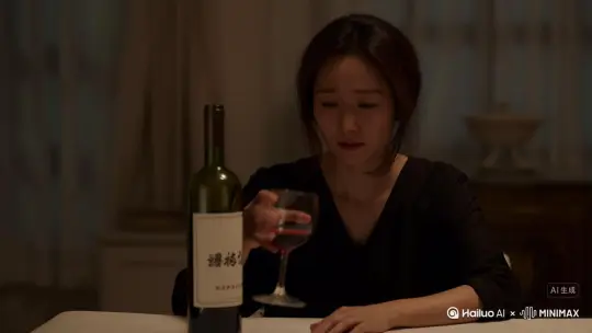 忧郁女人喝酒5秒视频 酒瓶子写着“尖礼小镇”配伤感音乐 by Hailuo AI Video Generator