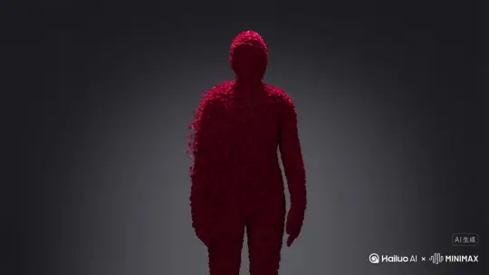 主体人物身上变出一大团微小深红色花瓣，花瓣向外爆炸式扩散主体人物身体，随之从四肢开始逐渐瓦解，化作无数红色粒子轻盈飘散，最终人物完全消失在漫天飞舞的花瓣中，然后全部消失 by Hailuo AI Video Generator