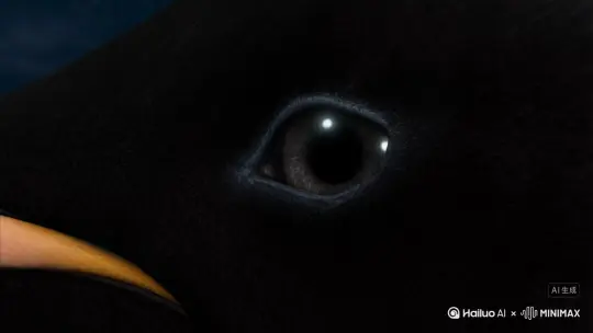 首先在画面中是一个企鹅的眼睛，然后画面后拉，逐渐显现出一只企鹅至一群企鹅，它们向左上方的天空注视着，随后镜头左摇加上摇，天空中有各种星星 by Hailuo AI Video Generator