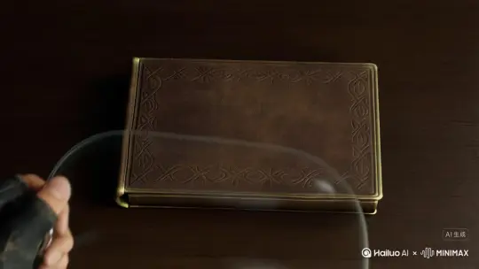 一个连续的电影式自上而下的镜头，无剪辑，无跳跃，镜头静止。一本精美的古代魔法书平放在深色木桌上，皮革封面上浮雕着精致的叶子图案，边缘微微发光。只戴着手套的逼真手掌缓缓将一个透明的玻璃罩罩在书上。罩子接触表面的那一刻神奇的变化开始了:柔和的绿光从书页上荡漾开来，一小片小片的苔开始在表面自然生长蔓延。很快，娇嫩的绿芽和盘绕的藤蔓冒出，向上卷曲，与交织在它们的菌盖散发着柔和的白色和淡蓝色光芒起。小型发光蘑菇从绿叶中探出头来，发光粒子在罩子内的空气中轻轻漂浮，像萤火虫一样闪闪发光。薄弥漫，更增添了梦幻般的空灵感。电影级 HDR 灯光增强了每一处纹理: 鲜艳的绿色、蘑菇的柔和光泽以及闪烁的粒子。超现实的细节、浅景深、异想天开却又自然的幻想、4K超分辨率、ASMR 风格的轻柔树叶沙沙声、远处的风声和微妙的魔法嗡嗡声 by Hailuo AI Video Generator