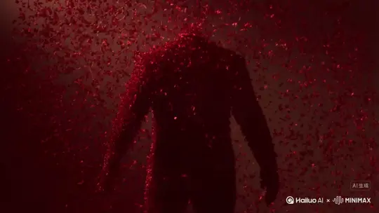 主体人物身上变出一大团微小深红色花瓣，花瓣向外爆炸式扩散主体人物身体，随之从四肢开始逐渐瓦解，化作无数红色粒子轻盈飘散，最终人物完全消失在漫天飞舞的花瓣中，人物完全消失，写实风格电影光效 by Hailuo AI Video Generator