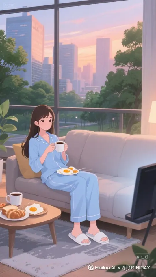 女人浅蓝色的睡衣，浅蓝色的睡裤，白色拖鞋，悠闲的在客厅地毯上靠着沙发看电影喝咖啡、吃煎蛋、吃面包有个茶几放着早餐，温暖、慢节奏，突出独居生活的仪式感，整体氛围轻松愉快。

整体氛围温馨，色调柔和。国漫绘画风格，厚涂 by Hailuo AI Video Generator
