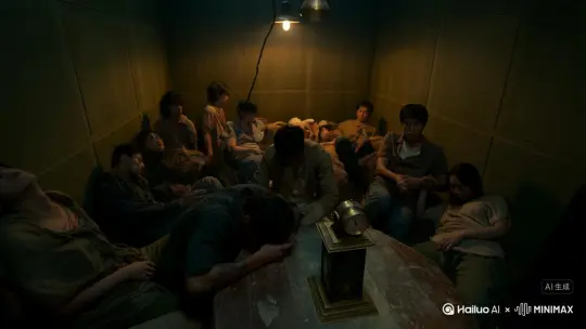 一个老旧的钨丝灯被黑色的电线悬在屋子中央，闪烁着昏暗的光芒。
静谧的气氛犹如墨汁滴入清水，正在房间内晕染蔓延。
房间的正中央放着一张大圆桌，看起来已经斑驳不堪，桌子中央立着一尊小小的座钟，花纹十分繁复，此刻正滴答作响。
而围绕桌子一周，坐着十个衣着各异的人，他们的衣服看起来有些破旧，面庞也沾染了不少灰尘。
他们有的趴在桌面上，有的仰坐在椅子上，都沉沉地睡着。
在这十人的身边，静静地站着一个戴着山羊头面具、身穿黑色西服的男人。
他的目光从破旧的山羊头面具里穿出，饶有兴趣地盯着十个人。
桌上的座钟响了起来，分针与时针同时指向了「十二」。
房间之外很遥远的地方，传来了低沉的钟声。
同一时刻，围坐在圆桌旁边的十个男男女女慢慢苏醒了。
他们逐渐清醒之后，先是迷惘地看了看四周，又疑惑地看了看对方。
看来谁都不记得自己为何出现在此处。
“早安，九位。” 山羊头率先说话了，“很高兴能在此与你们见面，你们已经在我面前沉睡了十二个小时了。”
眼前这个男人的装扮实在是诡异，在昏暗的灯光下吓了众人一跳。
他的面具仿佛是用真正的山羊头做成的，很多毛发已经发黄变黑，打结粘在了一起。
山羊面具的眼睛处挖了两个空洞，露出了他那狡黠的双眼。
他的举手投足之间不仅散发着山羊身上独有的膻腥味，更有一股隐隐的腐烂气息。
一个纹着花臂的男人愣了几秒，才终于发现这件事情的不合理之处，带着犹豫开口问道山羊头：“你…… 是谁？”
“相信你们都有这个疑问，那我就跟九位介绍一下。” 山羊头高兴的挥舞起双手，看起来他早就准备好答案了。
一位名叫齐夏的年轻人坐在距离山羊头最远的地方，他迅速打量了一下屋内的情况，片刻之后，神色就凝重了起来。
奇怪，这个房间真是太奇怪了。
这里没有门，四面都是墙。
换句话说，这个屋子四周、屋顶和地板都是封闭的，偏偏在屋中央放着一张桌子。
既然如此，他们是怎么来到这里的？
难不成是先把人送过来，而后再砌成的墙吗？
齐夏又看了看四周，这里不管是地板、墙面还是天花板，通通都有横竖交错的线条，这些线条将墙体和地面分成了许多大方格。
另外让齐夏在意的一点，是那个山羊头口中所说的「九位」。
坐在圆桌四周的无论怎么数都是十个人，加上山羊头自己，这屋里一共有十一个人。
「九位」是什么意思？
他伸手摸了摸自己的口袋，不出所料，手机早就被收走了 by Hailuo AI Video Generator