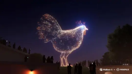 一场极具电影感的无人机灯光秀在夜空中构成了一个巨大的3D鸡形，数百架发光的无人机升空到位，鸡形逐渐显现。起初，这些柔和的白色与温暖的橙色光点如同星座般四散分布，仅通过光影的排列隐约勾勒出一条盘踞之蛇的空灵轮廓。
 
随着无人机缓缓稳定，鸡的轮廓愈发清晰：它慢慢抬起头，整个身形依然由悬浮的光点构成，从不完全相连，宛如一幅活态的星图。光点微微闪烁，模拟出鸡毛的质感与立体感，在本该是眼睛的位置，偶尔有蓝色火花闪烁。
 
摄像机围绕着这一造型滑行，通过视差效果展现出鸡形的体量与结构，只见这条由光点组成的鸡微微歪着头。上方，夜空浸染在深邃的藏青与紫罗兰色渐变中，点缀着真实的星辰。下方，着迷的人群从草地、屋顶和阳台上驻足观望，有人举起手机记录这一瞬间，屏幕的光亮映照着头顶那闪烁的蛇形。
 
蛇头轻轻一摆，只是一阵光点的流动，随后整个造型便缓缓分解为星尘，融入夜色之中，围观者不禁发出惊叹与低语。
 
细节丰富，富有电影感，柔和发光的点状结构，3D立体造型，超高分辨率，流畅的无人机运动，对称布局，柔和的环境光，广角镜头，沉浸式氛围，手机屏幕的光亮，人群剪影微光点缀。 by Hailuo AI Video Generator