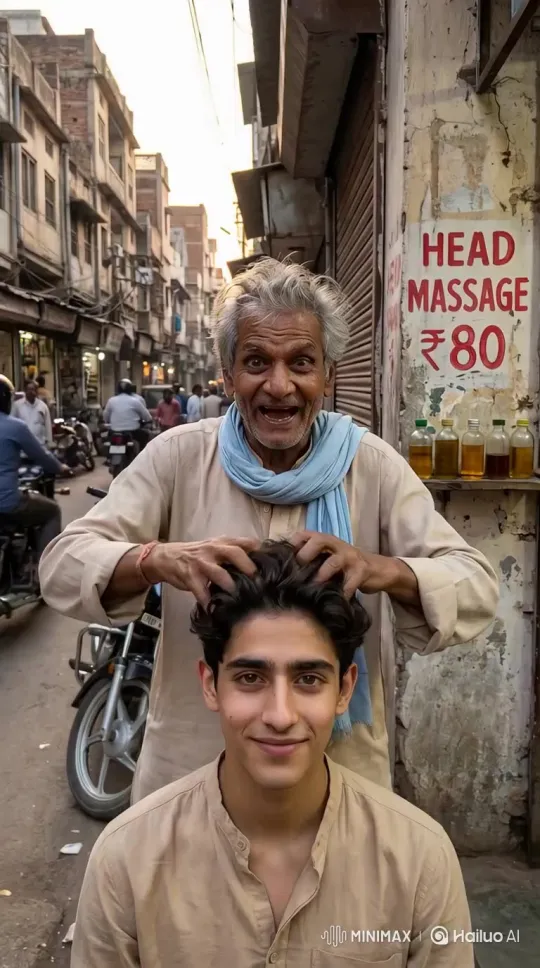 上传照片，生成印度街头体验头疗的搞笑视频 by Hailuo AI Video Generator