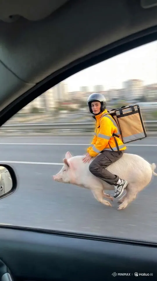 照片生成：外卖骑手骑猪公路狂飙视频