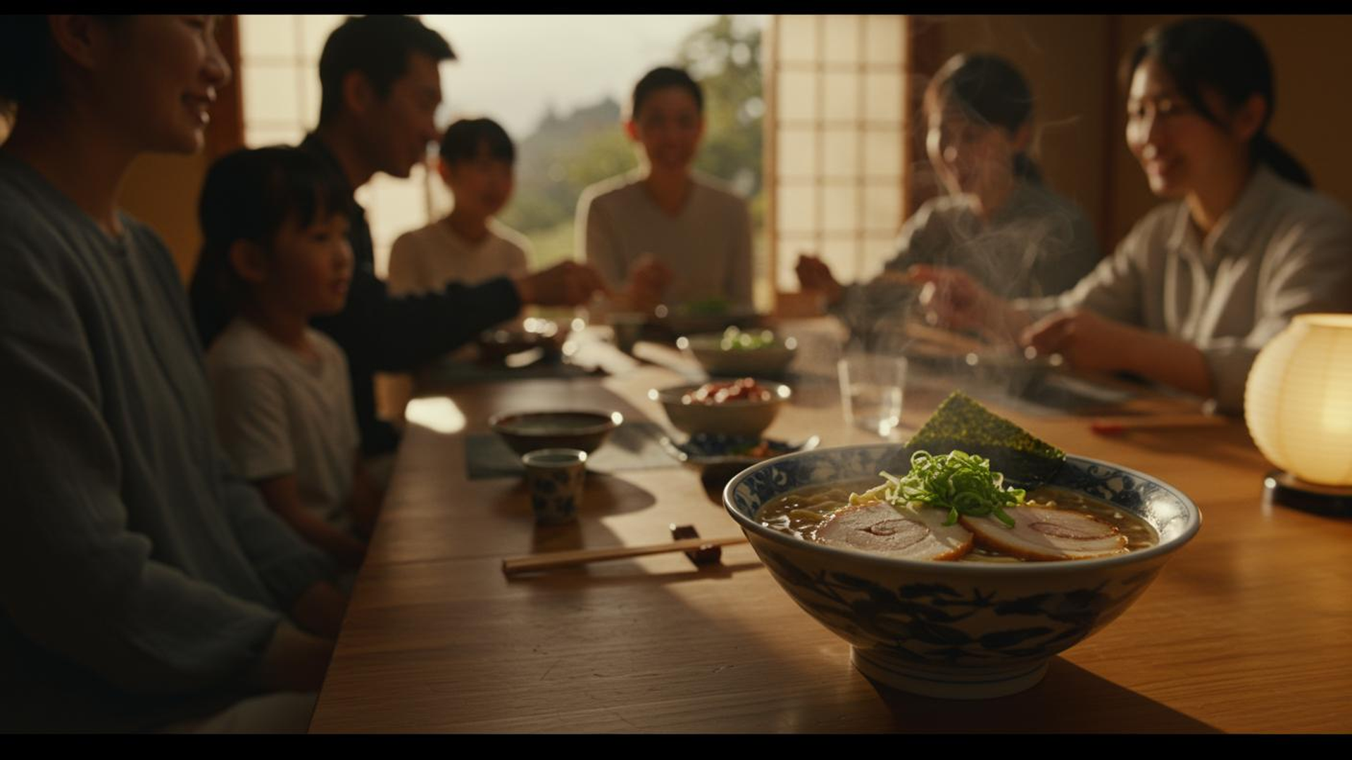 Official MiniMax H3 I2V first frame showing a ramen bowl in sharp foreground focus and a family softly blurred in the background